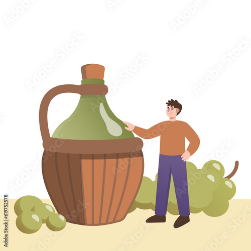 Man standing near bottle with white wine. Young people engaged in winemaking process. Time for making alcoholic drinks. Wine production industry. Vector flat illustration in green colors