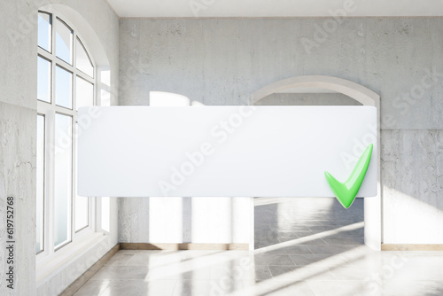 search box text floating in air standing in luxurious loft apartment with arched window and minimalistic interior living room design; 3D Illustration