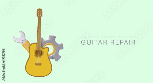 3D guitar, wrench, gear. Professional repair of musical instruments. Complete luthier service. Horizontal advertising template on green background, place for text
