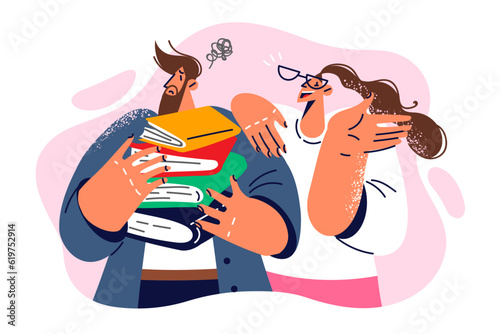 Smiling woman near embarrassed man student with books to prepare for exams or improve skills