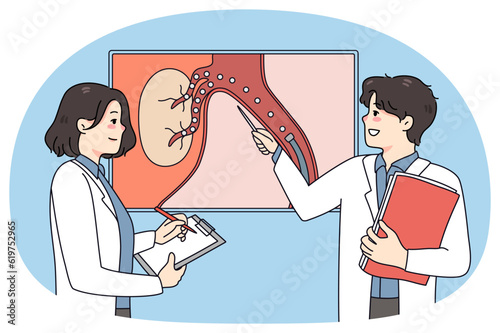 Doctors brainstorm talk about patient embolization. Medical colleague discuss diagnosis looking at organ picture. Hepatology and liver problem. Vector illustration.