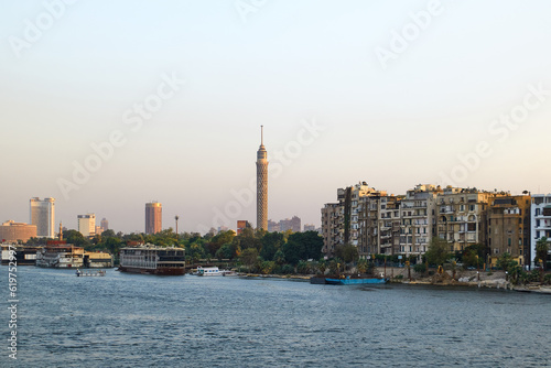 Egypt, Cairo - View of Nile River and Cairo Tower with Buildings, Zamalek, Sunset View.