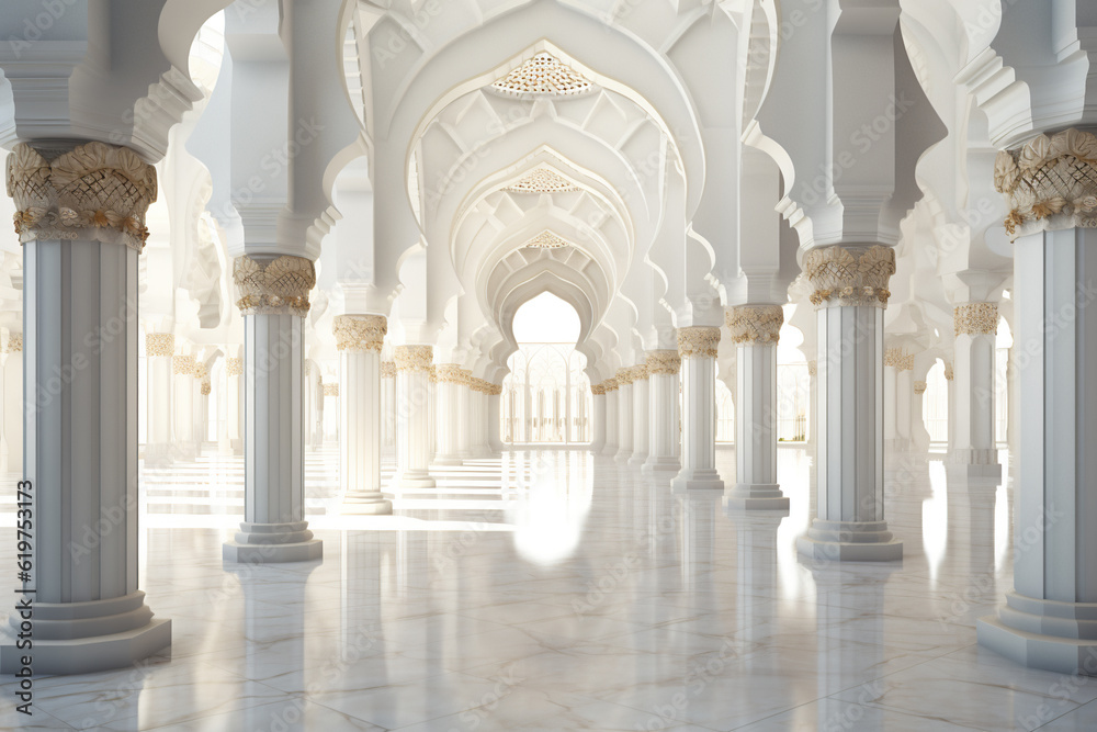 interior of beautiful white mosque on a sunny day, AI generative