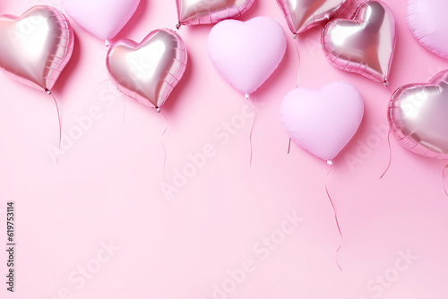 heart shaped foil balloons on a pastel pink background with copy space for Valentines, AI generated