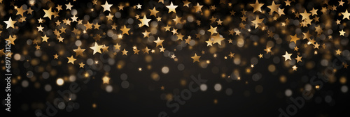 gold star confetti and bokeh lights banner on a black background for Christmas, AI generated