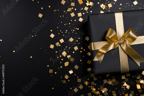 gold and black Christmas presents on a black background with confetti and copy space, AI generated