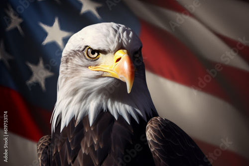 portrait of bald eagle as American symbol with US flag in the background, AI generated