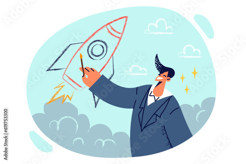 Man draws rocket flying up, symbolizing rapid career growth and launch successful startup business