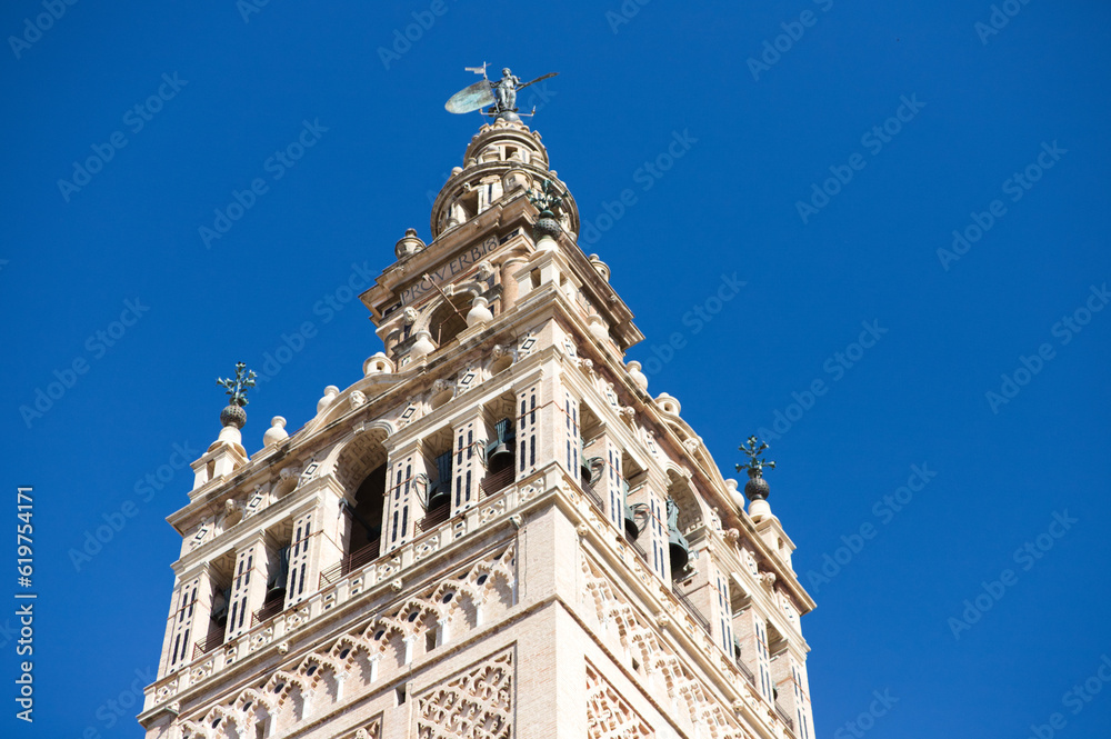 Seville Cathedral, Giralda Tower, Seville Andalusia Spain. Travel and tourism concept.