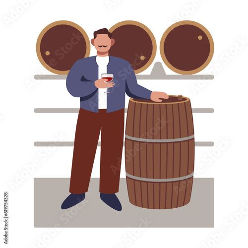 Winemaker stands near barrels of wine and tests drink. Wine production industry. Process of winemaking and tasting using organic grapes. Vector in brown and blue colors