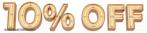 Golden 3d text with glowing neon tube. typography. 3D illustration. 10% OFF.