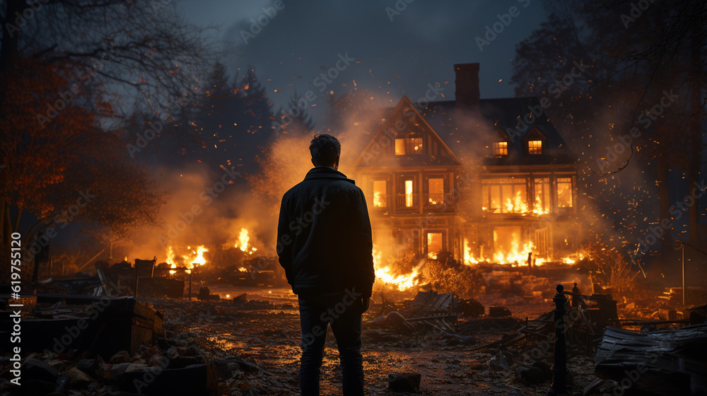 Fototapeta premium Back view man standing over burning house background. Generative Ai