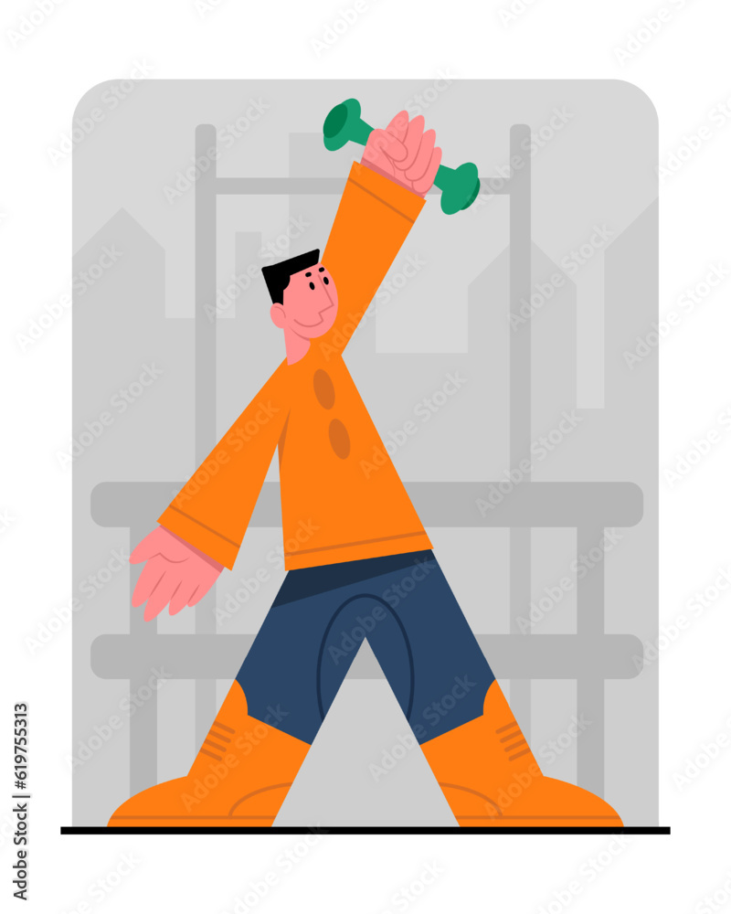 Strong man holding dumbbell and doing hand exercise. Time for morning workout in gym. Regular physical activity. Concept of healthy lifestyle. Vector flat illustration in green and orange colors