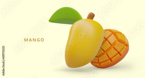 Horizontal banner with ripe mango. Whole and diced sweet fruit. 3D illustration on yellow background with place for commercial offer, title, logo. Header for product category