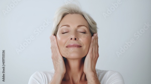 Mature woman giving herself face massage on light background with generative ai