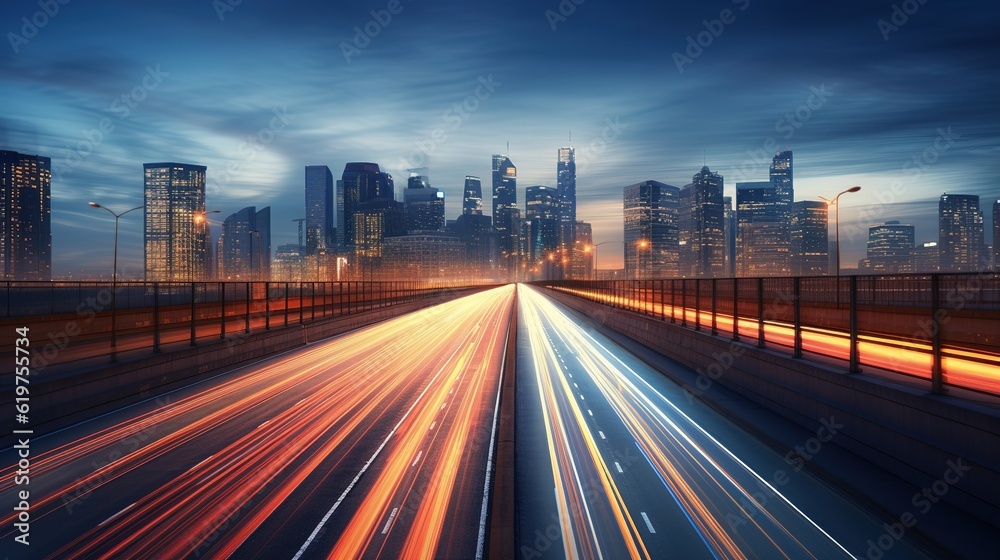 Motion blur of a highway overpass and a city skyline. generative ai