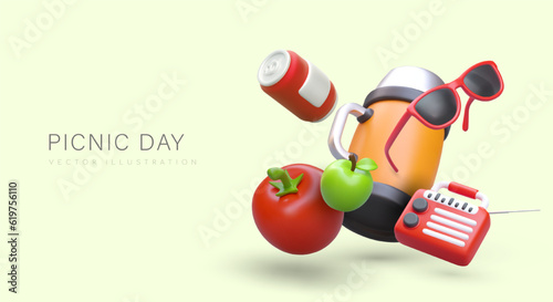 International Picnic Day. Eating in nature. Horizontal banner with realistic color illustration. Fun lunch in forest. Dinner in park. Family summer gatherings outside
