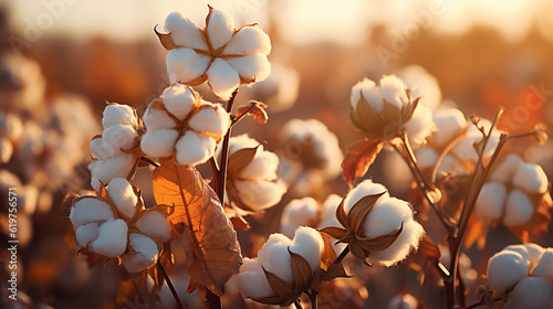 Close up ripe cotton with white fiber grow on plantation. Generative Ai photo