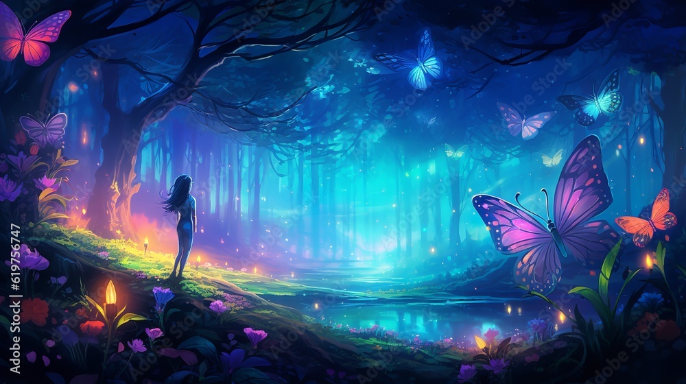 Fototapeta premium colorful fantasy forest foliage at night, glowing flowers and beautifuly butterflies as magical fairies, bioluminescent fauna as wallpaper background, generative ai