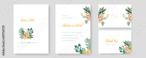 Vector wedding invitation with floral ornament and gold frame