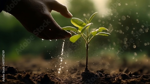 Agriculture and seedling concept man watering the plant. Generative AI