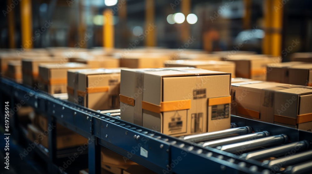 Cardboard box packages seamlessly moving along a conveyor belt in a warehouse. Generative Ai Cardboard box packages seamlessly moving along a conveyor belt in a warehouse. Generative Ai