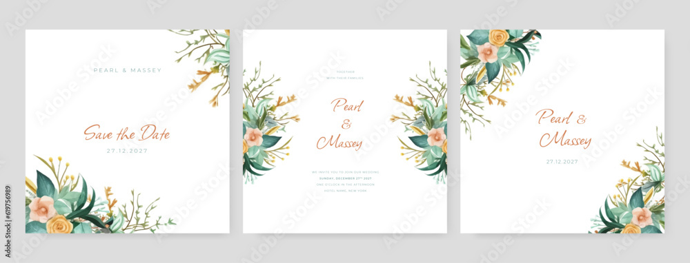 Vector beautiful floral and leaves wedding invitation card