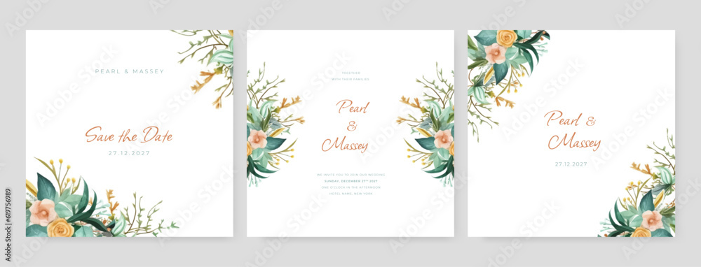 Vector beautiful floral and leaves wedding invitation card Vector beautiful floral and leaves wedding invitation card