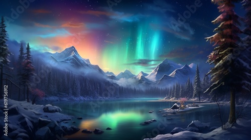 Fantasy winter landscape with northern light as christmas wallpaper background, generative ai © Gbor