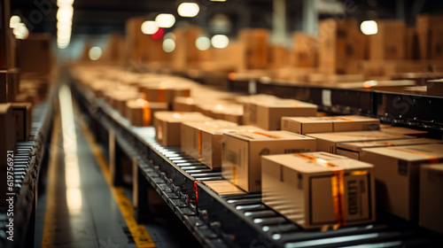 Cardboard box packages seamlessly moving along a conveyor belt in a warehouse. Generative Ai