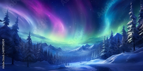 Fantasy winter landscape with northern light as christmas wallpaper background, generative ai © Gbor