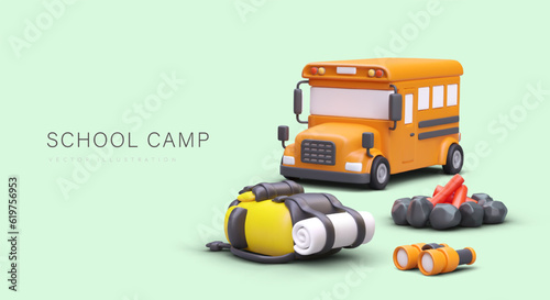 School camp. Learning in nature. Picnic for schoolchildren. Scouting education. Poster on colored background with 3D illustration and place for announcement