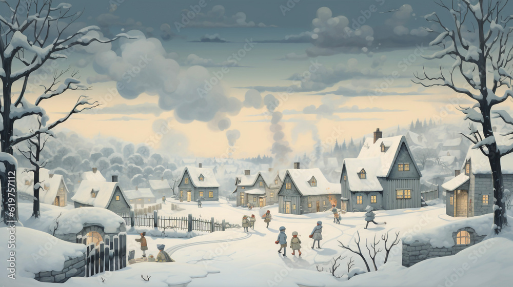 Childbook illustration village under snow [AI generative]