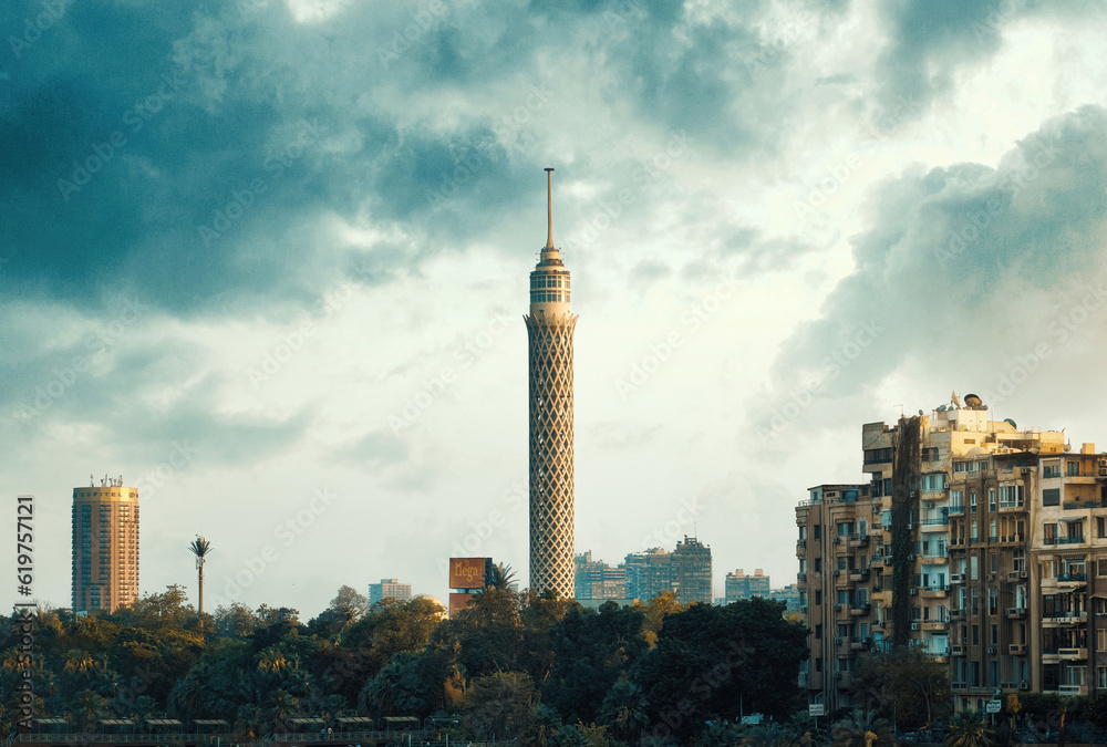 Egypt, Cairo - View of Nile River and Cairo Tower with Buildings, Zamalek, Sunset View.