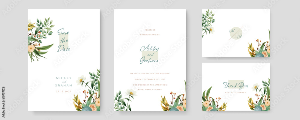 Watercolor elegant wedding invitation and menu template