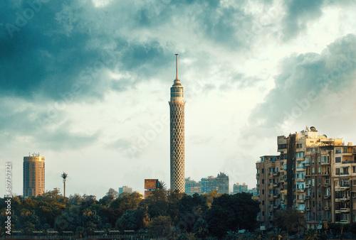 Egypt, Cairo - View of Nile River and Cairo Tower with Buildings, Zamalek, Sunset View. photo