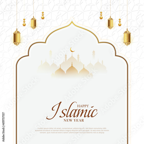 Happy Islamic new year post, greeting, invitation, card, white and golden background with Arabic pattern ornaments and lantern preamium luxury post or status design