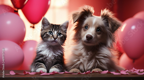 Cute dog and cat with valentine balloon on pink background. Generative Ai