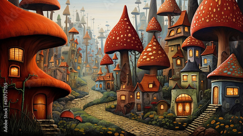 Childbook illustration mushroom town [AI generative]