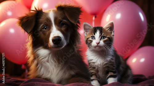 Cute dog and cat with valentine balloon on pink background. Generative Ai © andranik123
