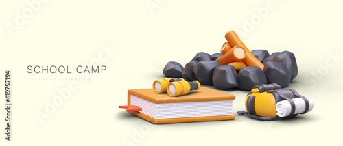 School camping. 3D fire place, backpack, binoculars, big book. Learning outside. Field trip, excursion. Acquaintance with nature. Vector concept for advanced training programs