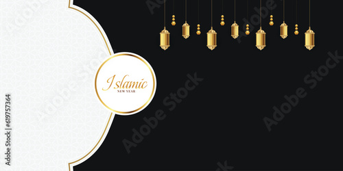 islamic new year greeting card arabic elegant social media banner or post with empty space islamic pattern black background design