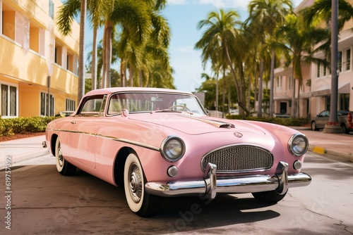 luxury pink and gold retro vintage car on the streets of miami, made with generative ai	