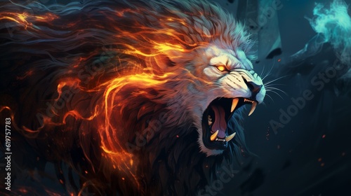 roaring mighty fantasy lion with flames and glowing lights  generative ai 
