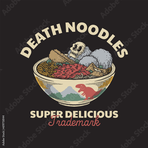 cartoon skull meat ball noodles retro emblem