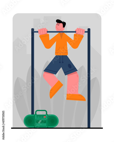 Sporty man pulls up on the bar. People in sportswear training. Active and healthy lifestyle. Regular physical activity. Time for morning workout. Vector flat illustration