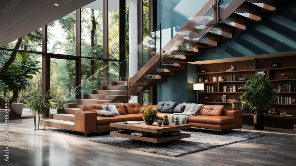 Fototapeta premium Interior design of modern staircase in villa. Generative Ai