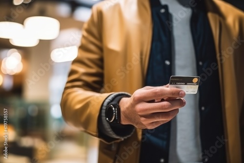 Close up of man holding credit card and using smartphone. Online shopping concept. Credit card payment concept. generative AI
