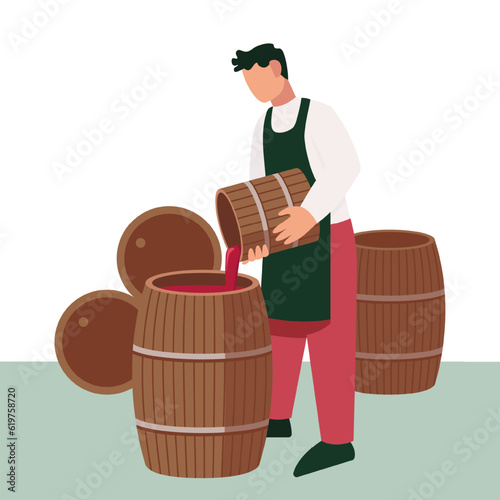 Male in apron pouring wine from small barrel into large one. Process of making alcoholic drinks. Winemaking using organic grapes. Wine production industry. Vector flat illustration