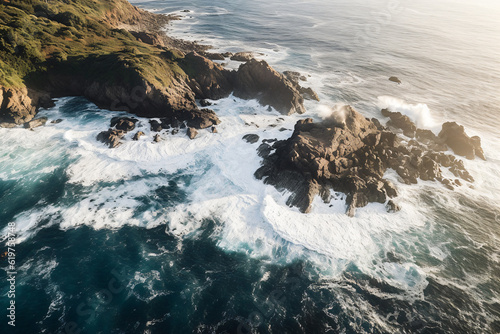 Aerial shot of pacific waves surging onto rocky outcrop along the coastline photography